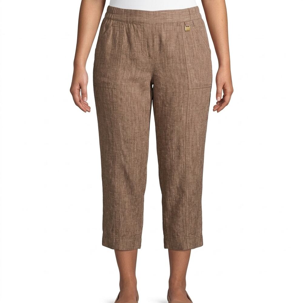 Ellen Tracy Brown Linen Rayon Blend Slash Pockets Mid Rise Capri Pants size M